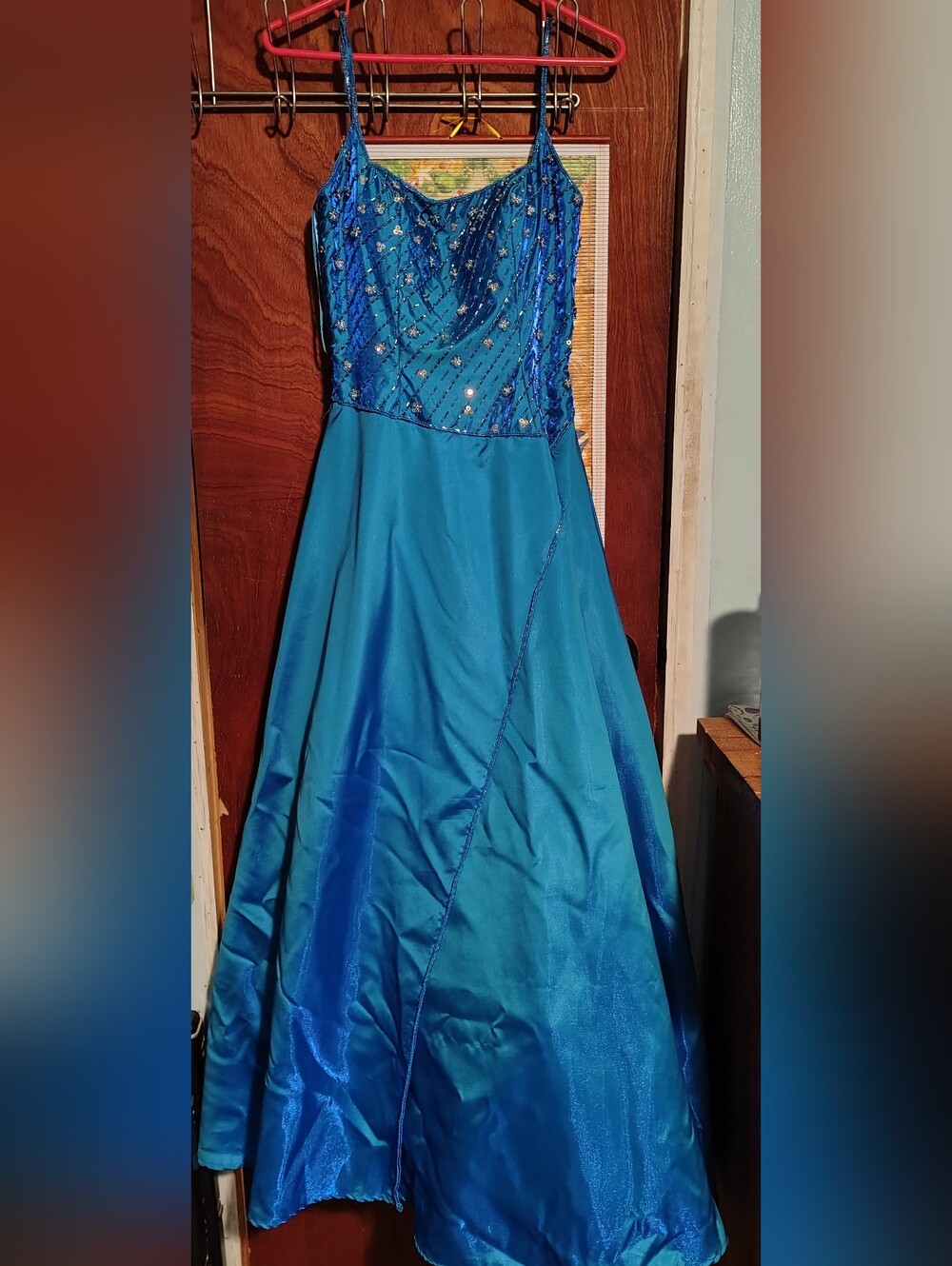 Blue Beaded Spaghetti Strap Evening Gown